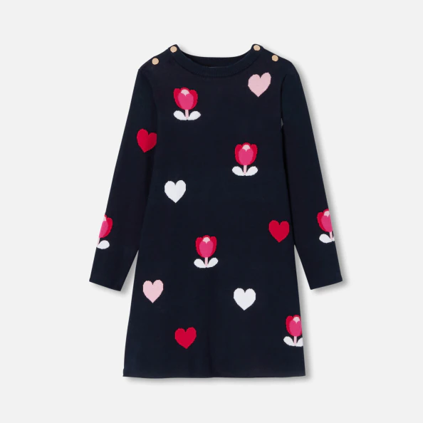 Robe enfant fille jacquard fleurs et cœurs